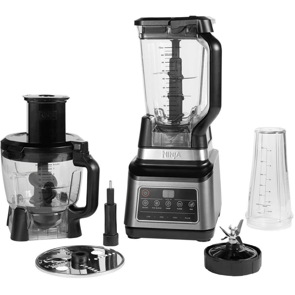 NINJA Kompakt-Küchenmaschine 3-in-1 mit Auto-iQ BN800EU, 1200 W, 2,1 l Schüssel, 1,8 l Schüssel, 0,7 l Tasse und weiterem Zubehör