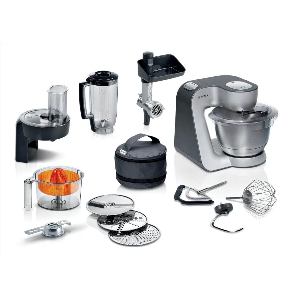 BOSCH Küchenmaschine MUM5935B Durchlaufschnitzler, 3 Scheiben, Mixer, silber, 1000 W, 3,9 l Schüssel, Fleischwolf, Kekspresse, Zitruspresse, 3 Rühr-/Knethaken, spülm.fest