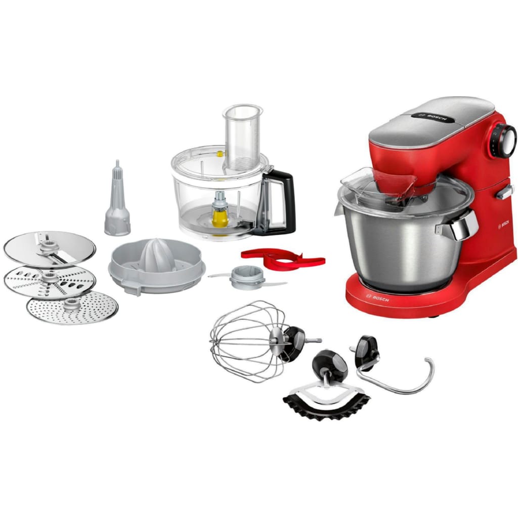 BOSCH Küchenmaschine Serie 8 MUM9A66R00, Gratis Set VeggieLove Plus MUZ9VLP1, 1600 W, 5,5 l Schüssel, Knethaken/Rühr-/Silikonbesen spülmaschinenfest, rot/silber