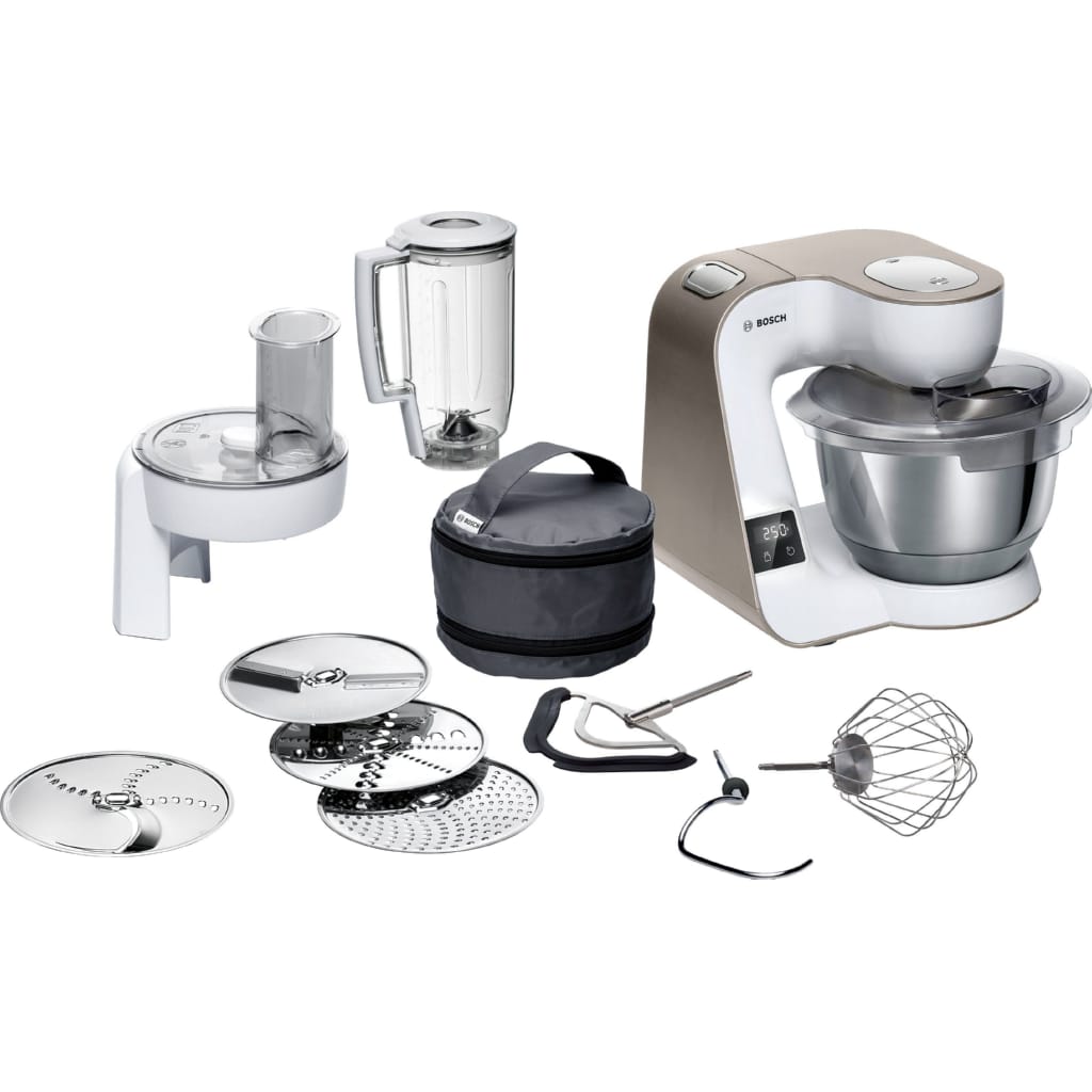 BOSCH Küchenmaschine Serie 4 MUM5XW20, integr. Waage, Durchlaufschnitzler, weiß/champagner, 1000 W, 3,9 l Schüssel, 4 Scheiben, Mixer, Edelstahlschüssel, Knethaken/Rühr-/Silikonbesen