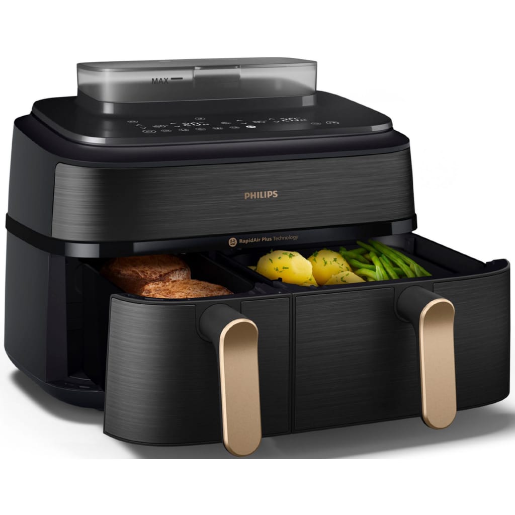 Philips Heißluftfritteuse NA552/00 Steam Airfryer 5000 Series Dual Basket 9L Kapazität (3L+6L), 2750 W, mit Dampfgar-Funktion, Silber/Edelstahl