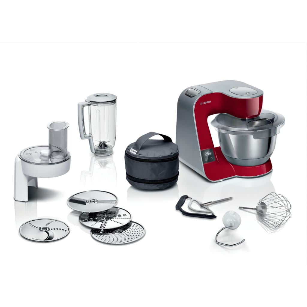 BOSCH Küchenmaschine Serie 4 MUM5X720, integr. Waage, Durchlaufschnitzler, Mixer, rot, 1000 W, 3,9 l Schüssel, 3 Scheiben, Schüssel, Knethaken/Rühr-/Schlagbesen, spülmaschinenfest